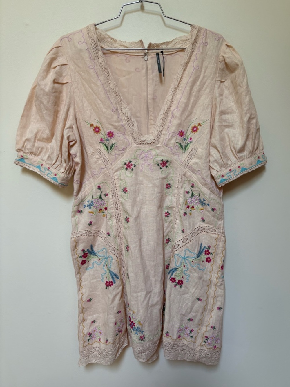 NWOT By Anthropologie Linen Blend Puff-Sleeve V-Neck Mini Dress Size 14 - Picture 3 of 16